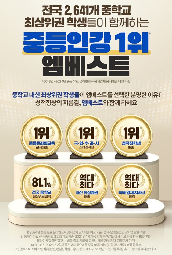 엠베스트 중등 가격 중등 학습 안내 이미지